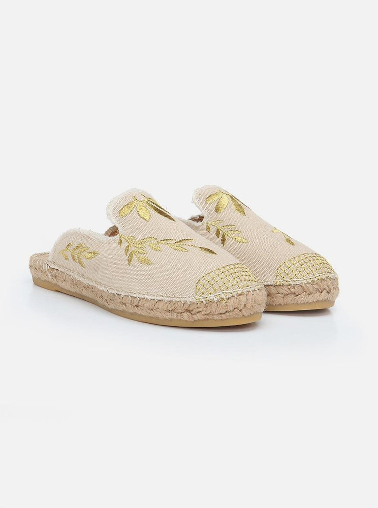 
                      
                        Marat Ecru Gold Embroidered Espadrille Slippers
                      
                    