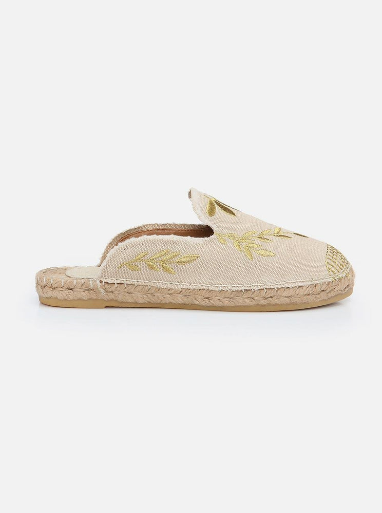 
                      
                        Marat Ecru Gold Embroidered Espadrille Slippers
                      
                    