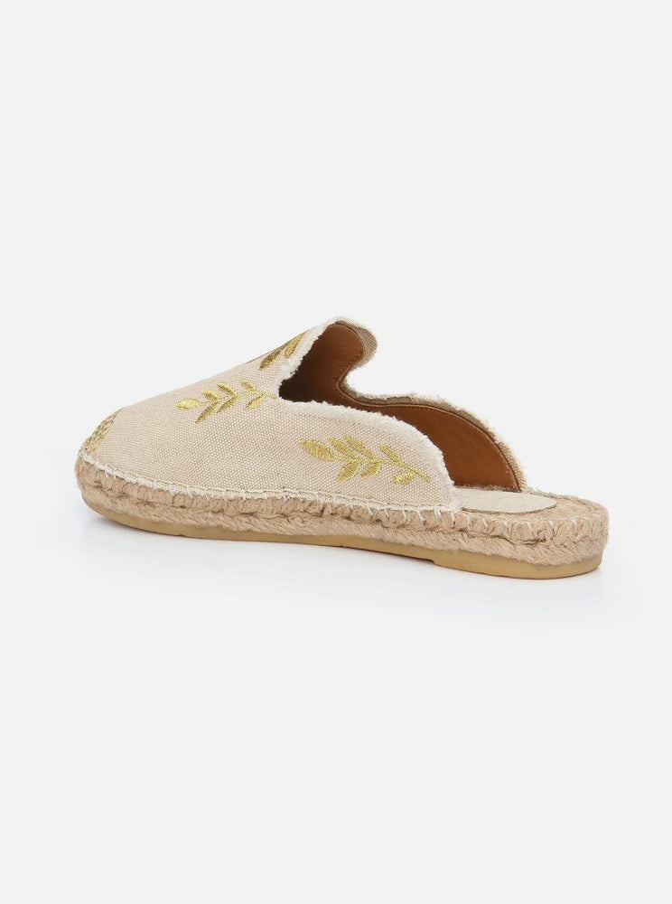 
                      
                        Marat Ecru Gold Embroidered Espadrille Slippers
                      
                    